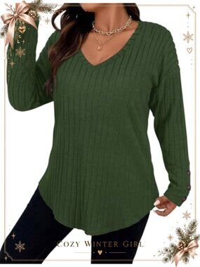 Plus Size V-Neck Button Cuff Tunic Sweater Pullover Loose Fit Lightweight